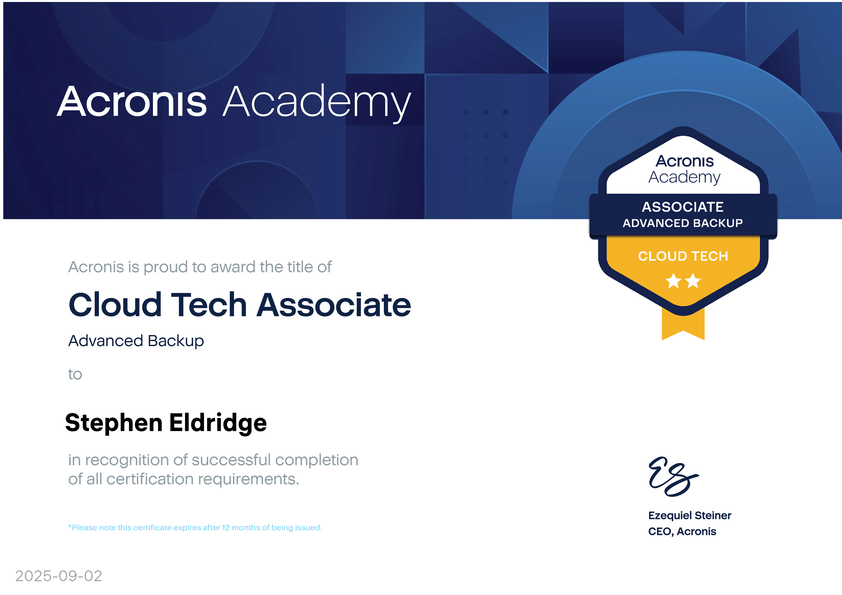 Acronis certificate of completion