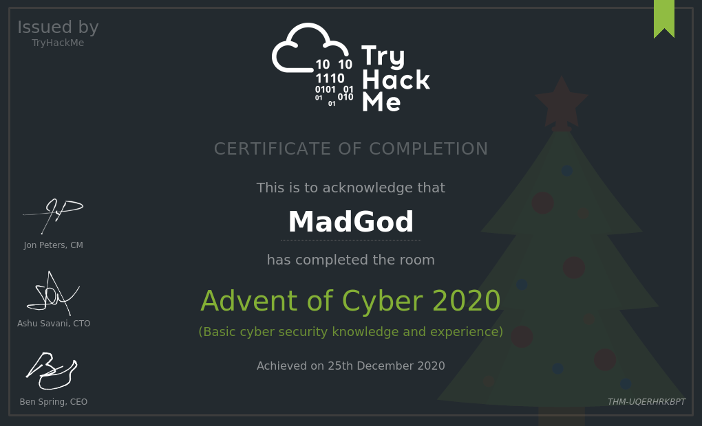 TryHackMe Advent of Cyber completion certificate