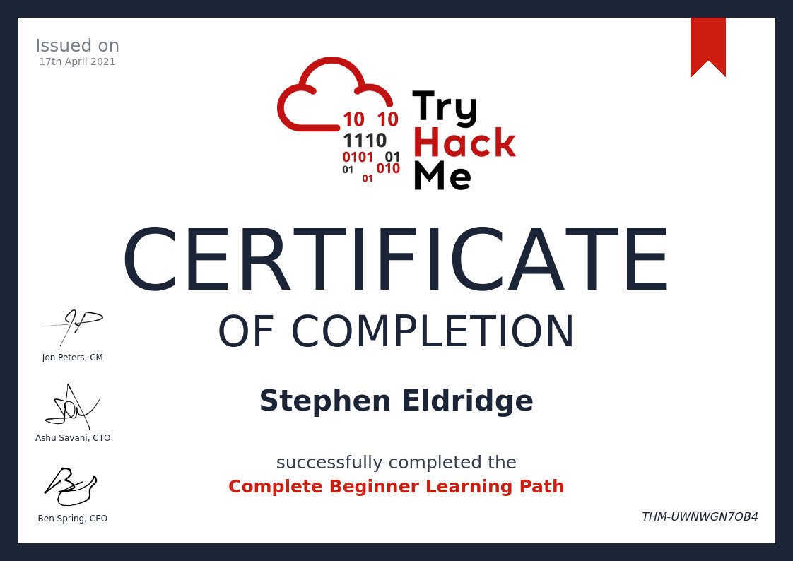 TryHackMe Beginner Learning Path completion certificate