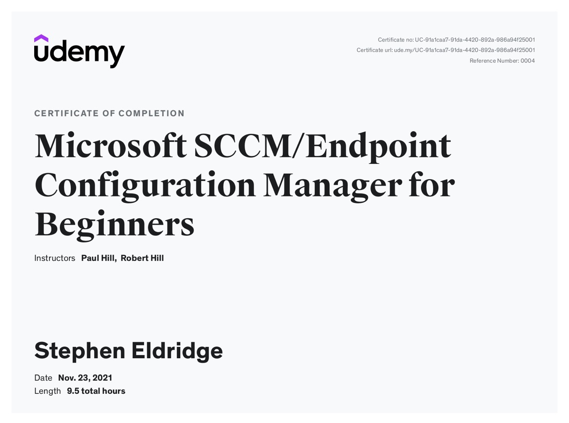 Udemy SCCM for Beginners course certificate
